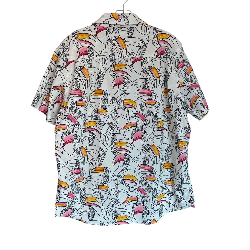 Hurley Mens Toucan Print Short Sleeve Button Down Shirt White Pink Large - Picture 2 of 9